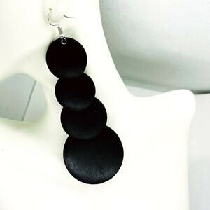 Black Wood Layered Circle Tiered Dangle Earrings